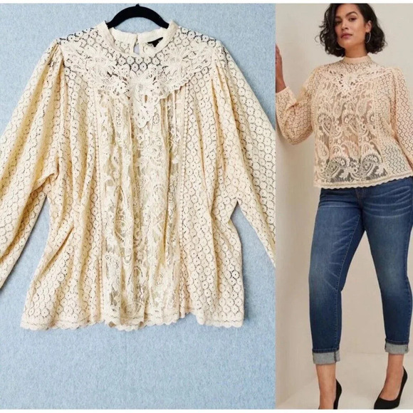 Torrid Mixed Lace Victorian High Neck Sheer Blouse – Plus 3X - Picture 3 of 10